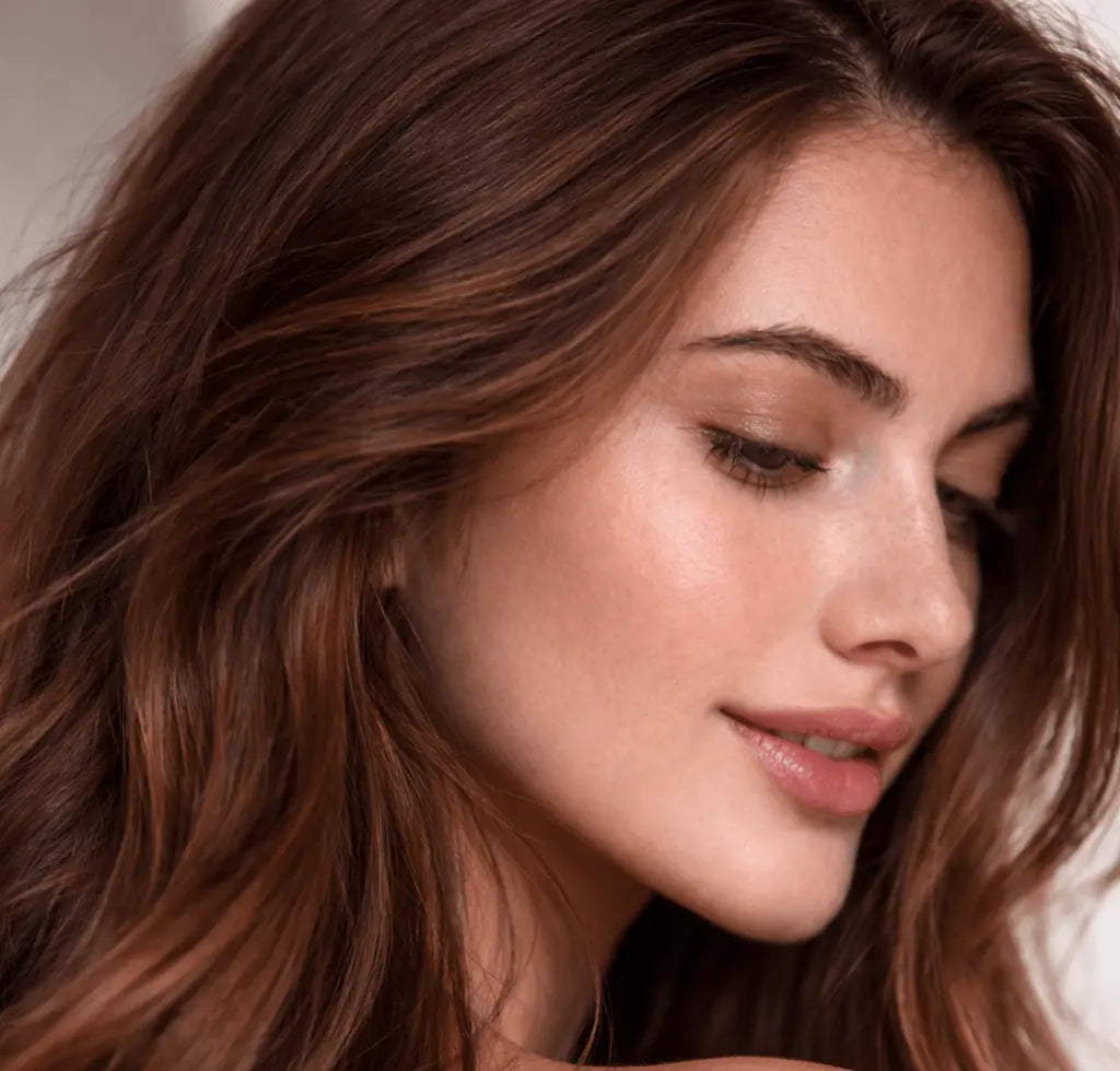 Close-up of a woman with long brown hair and a soft smile.