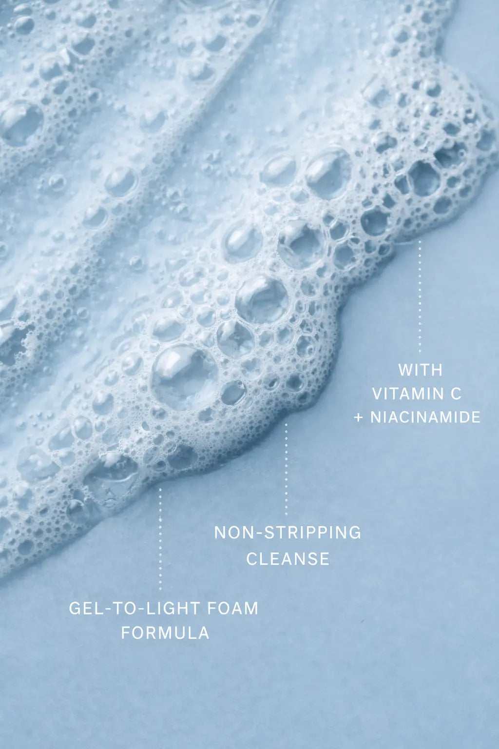 Foamy cleanser with text on a blue background