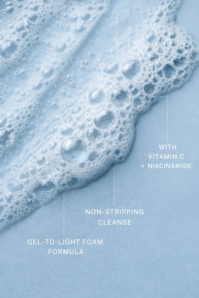 Foamy cleanser with text on a blue background