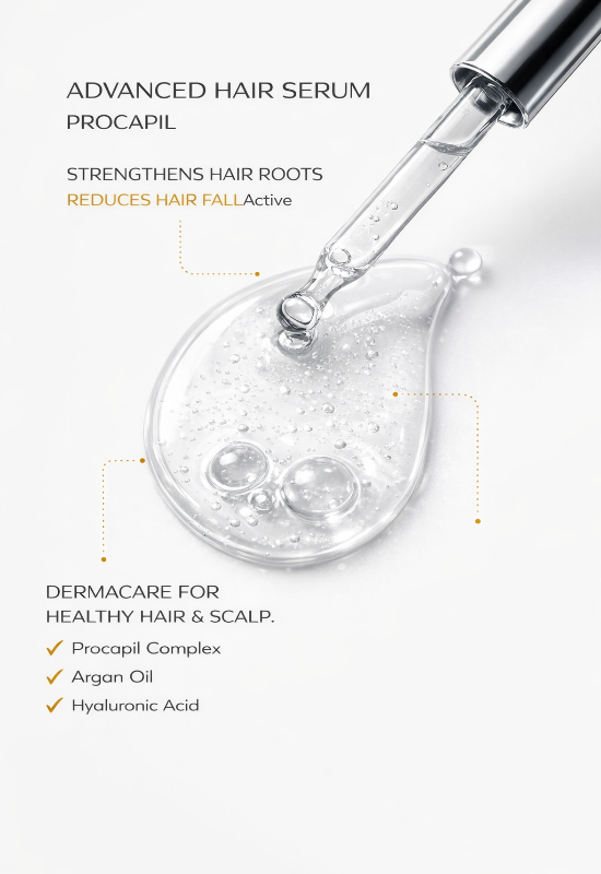 Advanced hair serum dropper with text highlighting benefits and ingredients on a white background