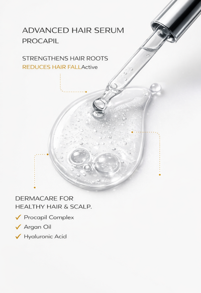 Advanced hair serum dropper with text highlighting benefits and ingredients on a white background