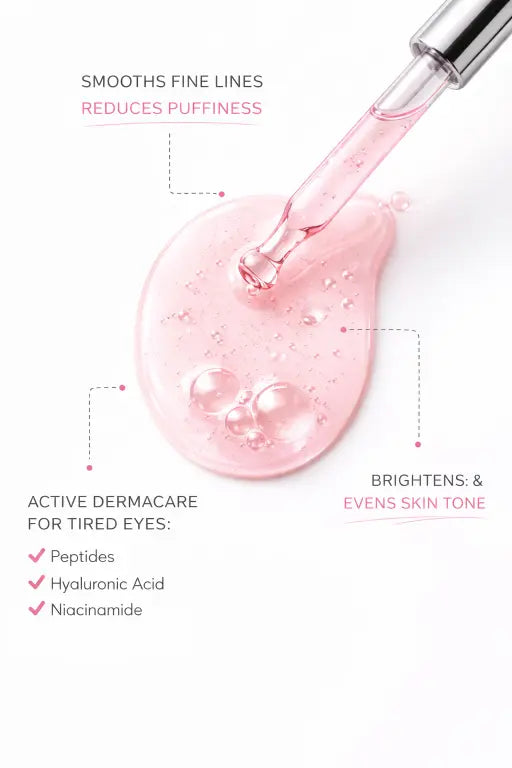 Pink skincare serum with dropper on a white background, featuring text about its benefits and ingredients.
