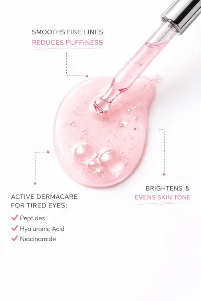 Pink skincare serum with dropper on a white background, featuring text about its benefits and ingredients.