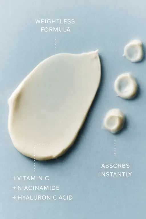 Skincare product with text highlighting its features on a light blue background