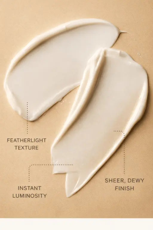 Two swatches of cream with text describing texture and finish on a beige background