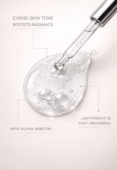 Skincare serum dropper with clear liquid on a light background, featuring text about skin benefits.