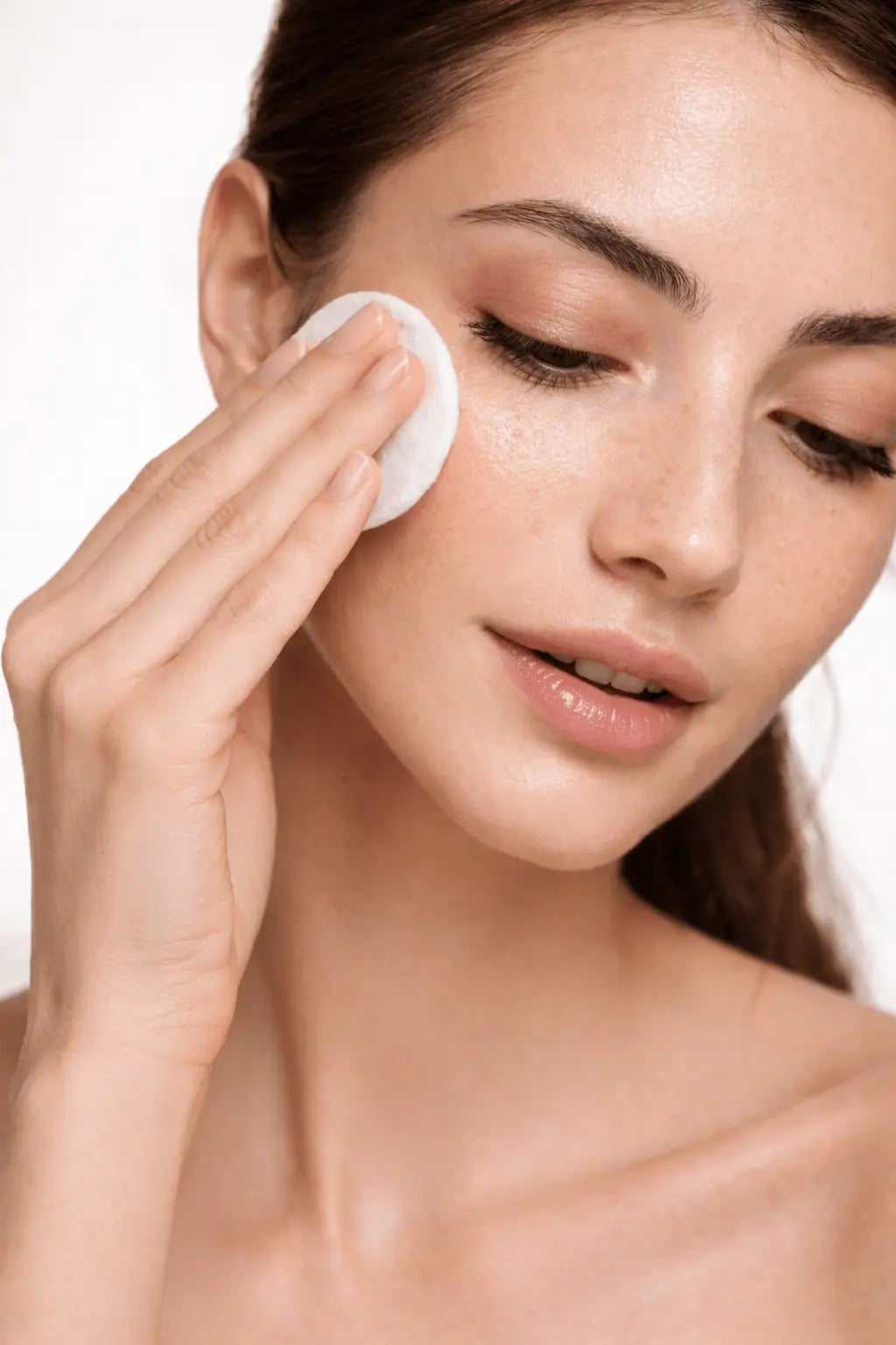 Woman applying a facial product with a cotton pad on a white background