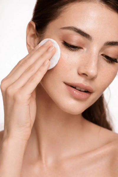 Woman applying a facial product with a cotton pad on a white background
