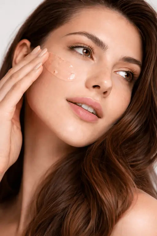 Woman applying cream to her face with a close-up of her skin.