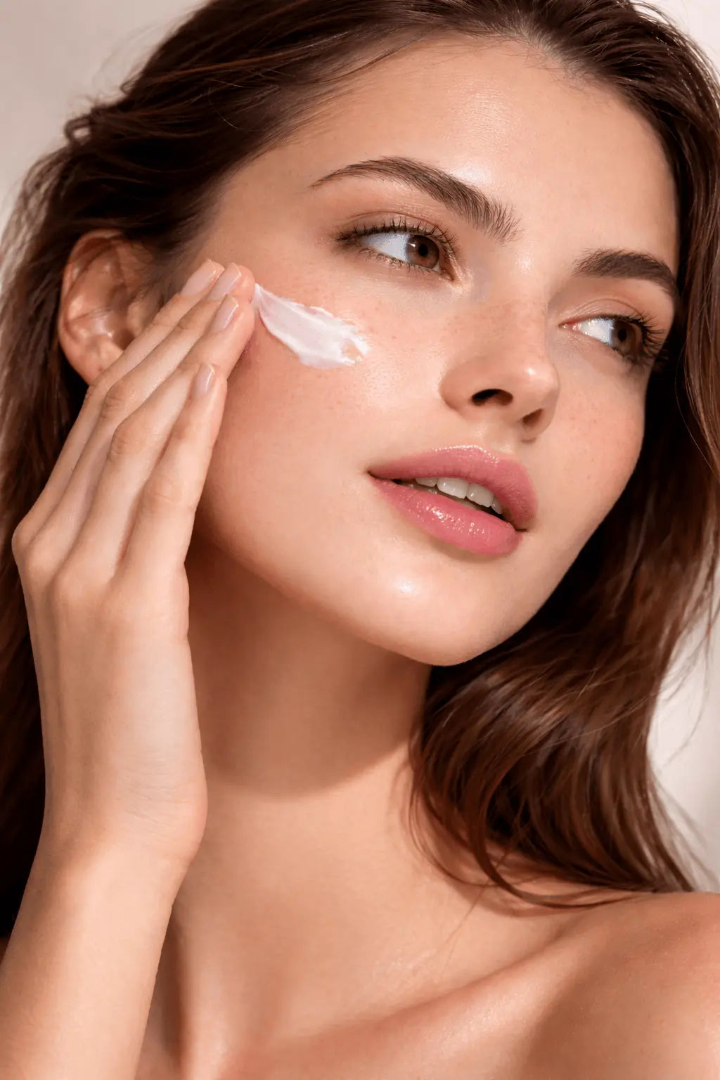 Woman applying cream to her face with a neutral background