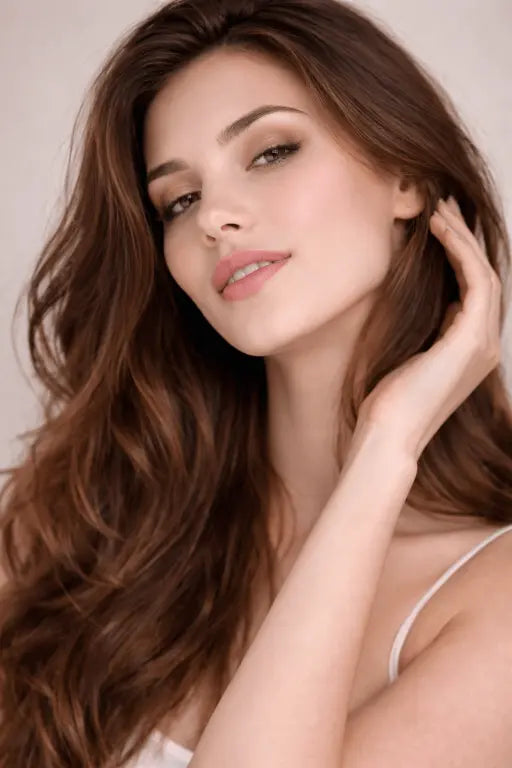 Woman with long brown hair posing against a neutral background