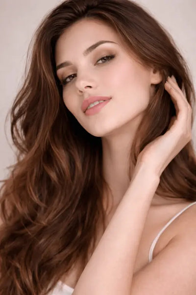 Woman with long brown hair posing against a neutral background