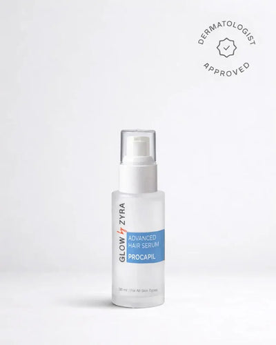 Glow Zyra Advanced Hair Serum bottle with Procapil on a white background