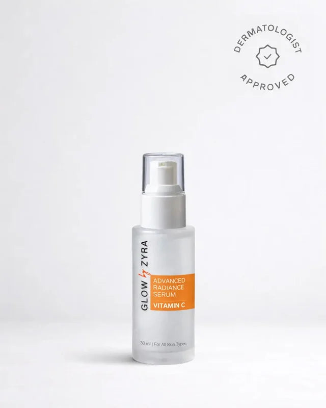 Glow Zyra skincare serum bottle with 'Dermatologist Approved' label on a white background