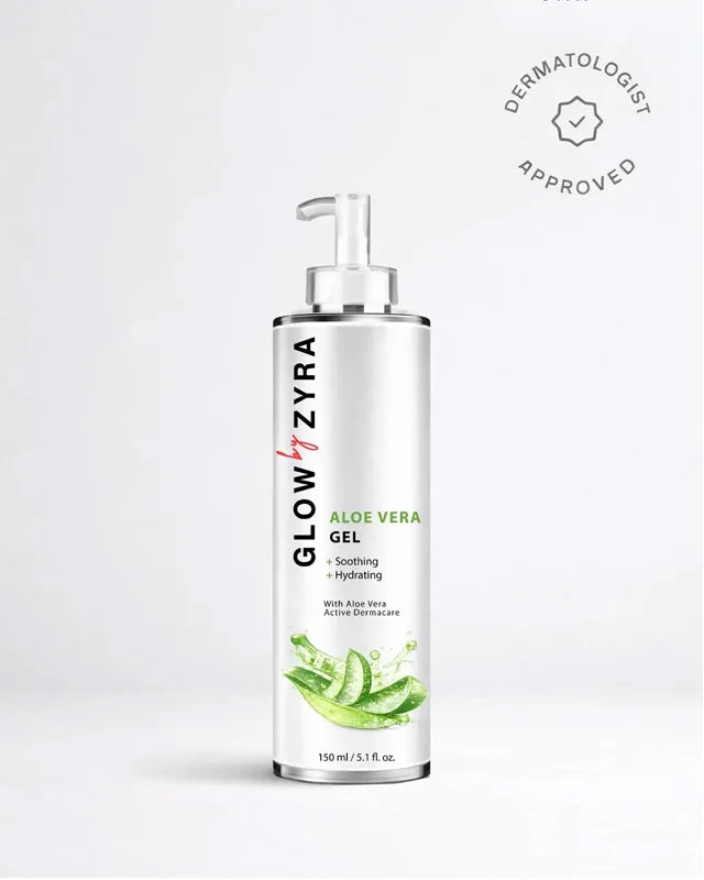 Glow By Zyra Aloe Vera Gel Pump Bottle with beige background.