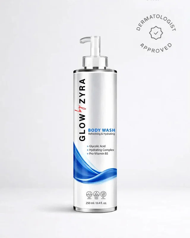 Glow Zyra body wash bottle with pump on a white background