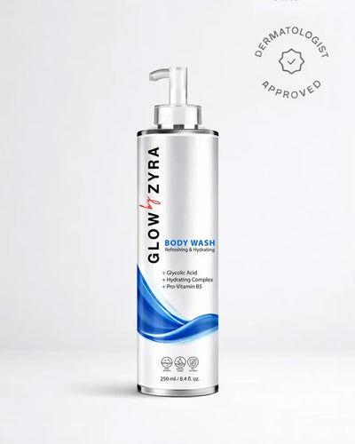 Glow Zyra body wash bottle with pump on a white background