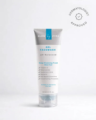 Glow by Zyra Gel Facewash tube on a white background with 'Dermatologist Approved' label.