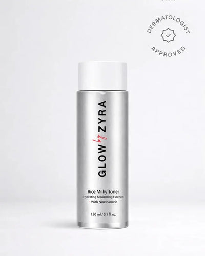 Glow Zyra Rice Milky Toner bottle on a white background with 'Dermatologist Approved' label.